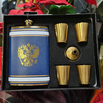 Фляга "Герб Росии" 0,27л, 4 стаканчика